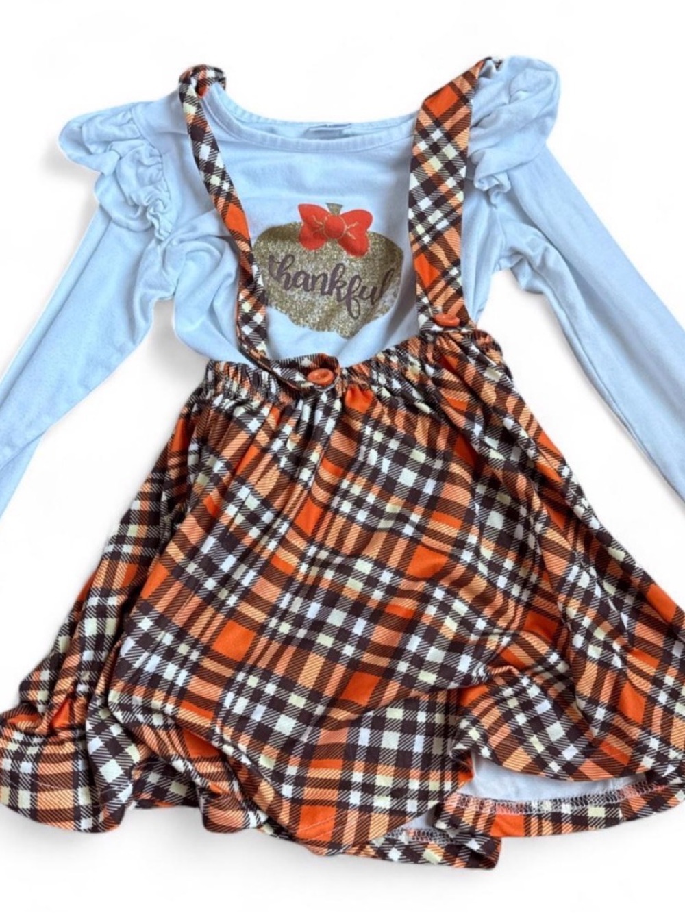 Kids Orange Plaid Suspender Skirt Set with Light Blue Top
